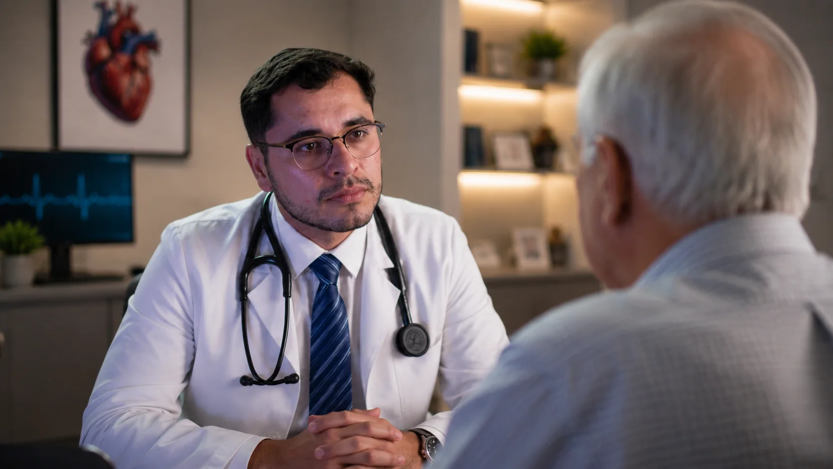 Dr. Diego Torres en consulta cardiológica con un paciente