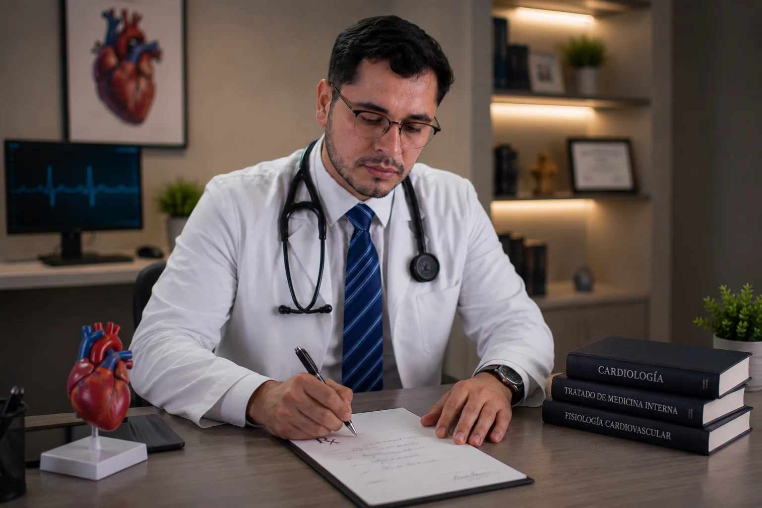 Dr. Diego Torres revisando un expediente en su consultorio de cardiología