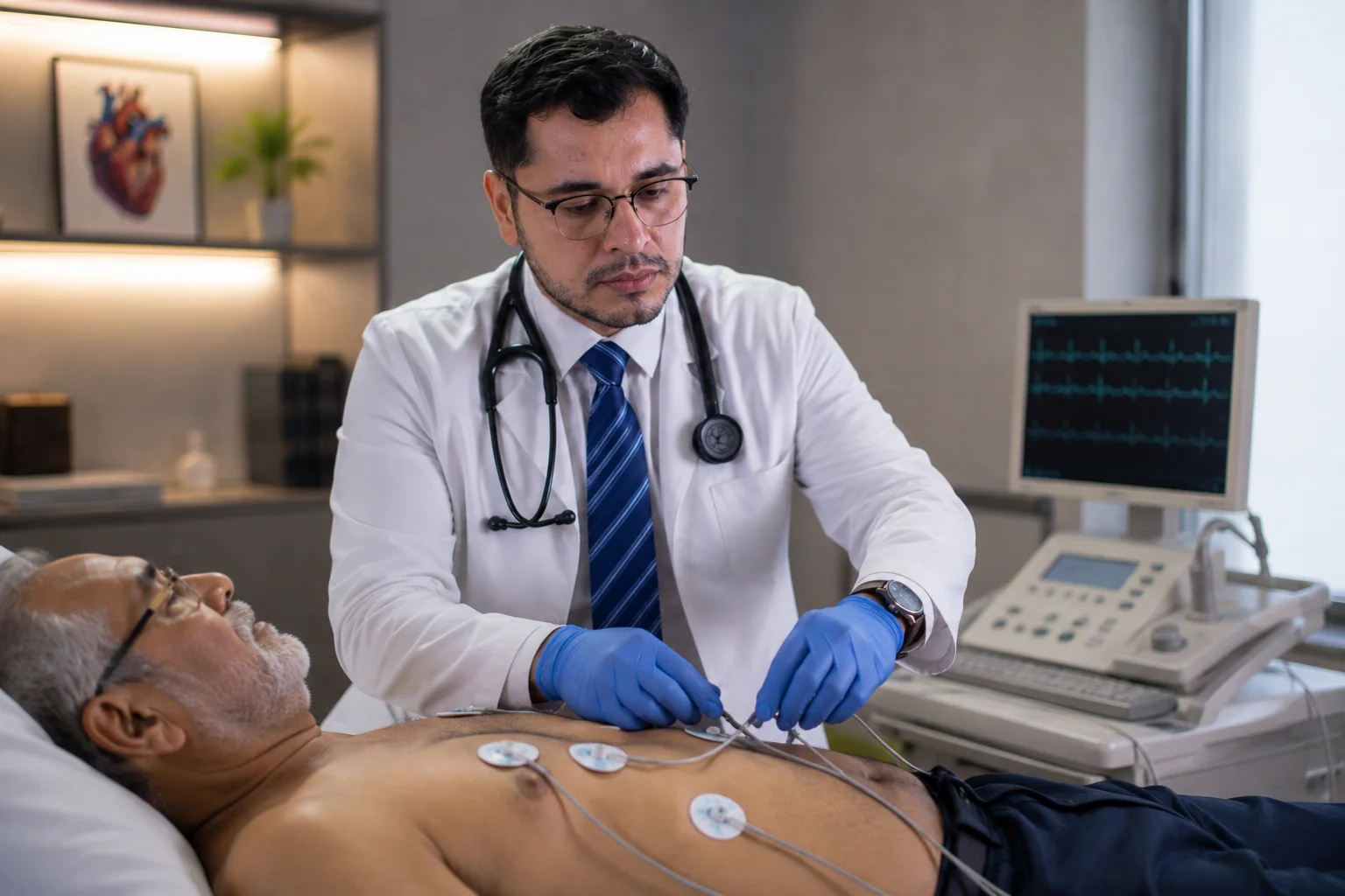 Colocación de electrodos para electrocardiograma con el Dr. Diego Torres